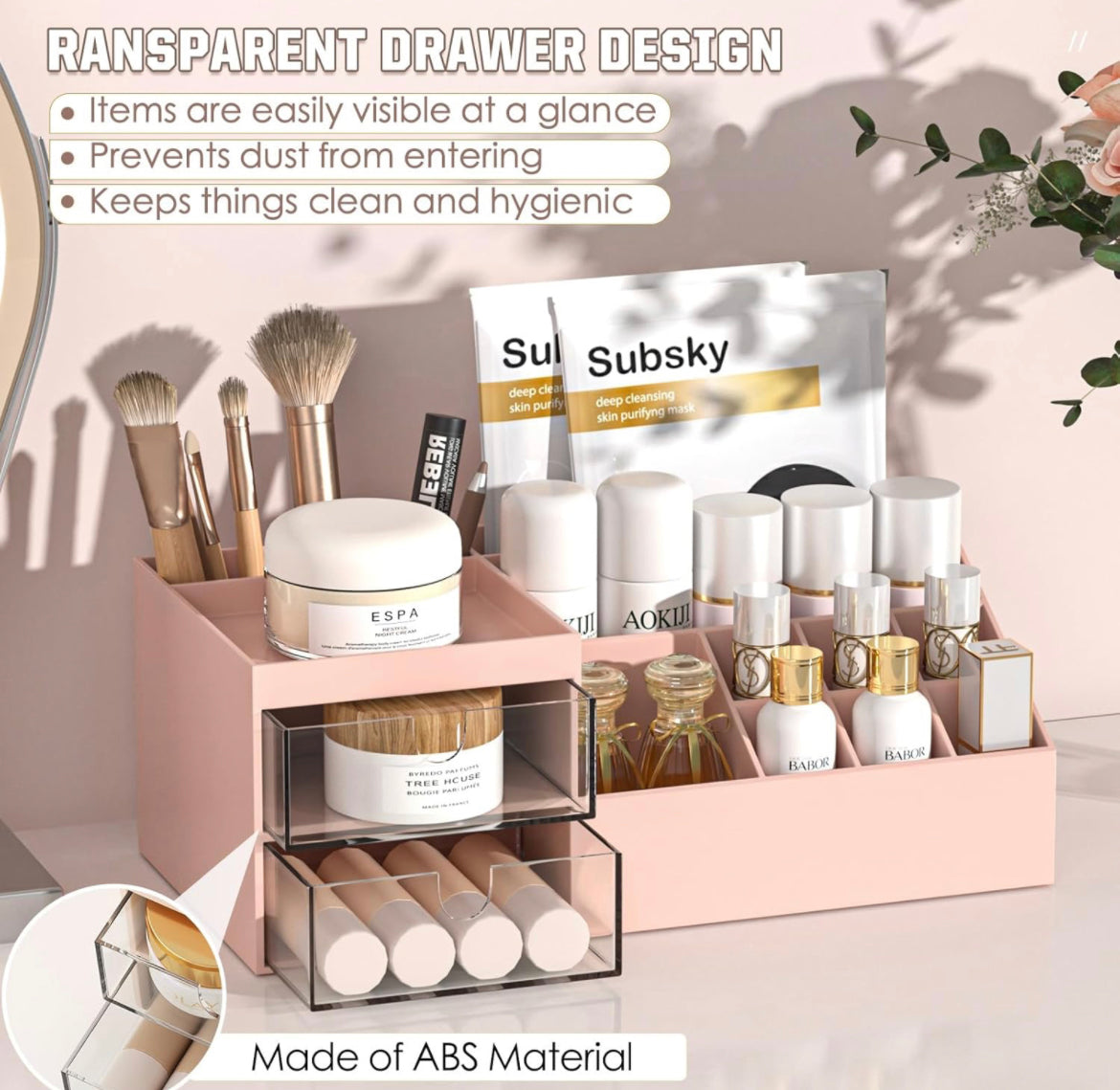 Makeup Organizer with Drawers, Easy Storage for Lipstick Brushes Eyeshadow Nail Polish, Multifunction Desk Organizer, Cosmetics Organizer for Countertop Dresser Vanity and Bathroom