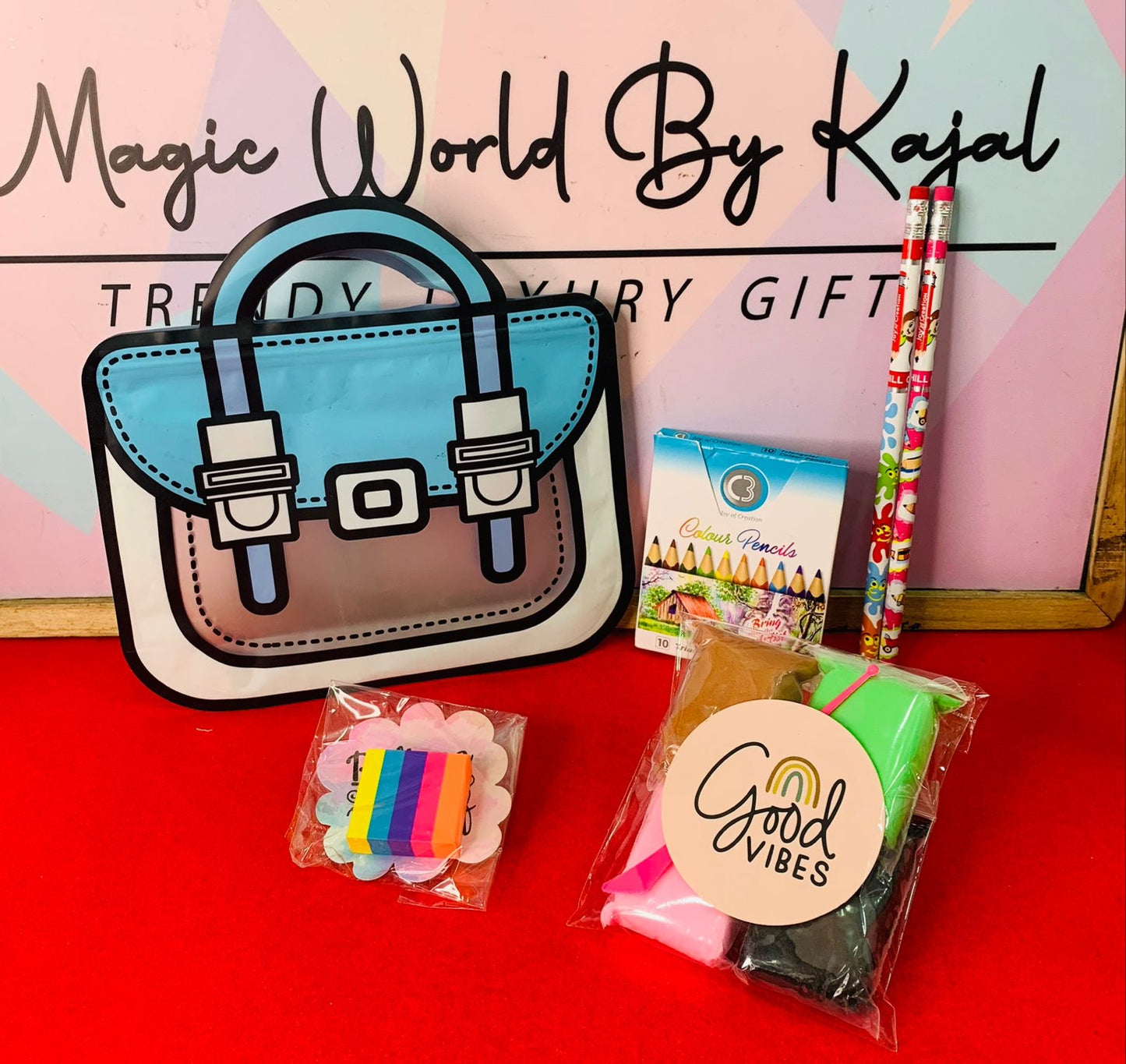 Bag with pencil clay eraser crayons